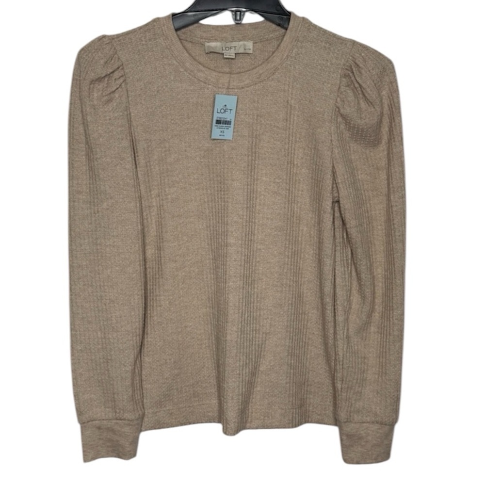 NWT LOFT | Puff Shoulder Waffle Knit Long Sleeve Blouse Shirt Top Crew Neck